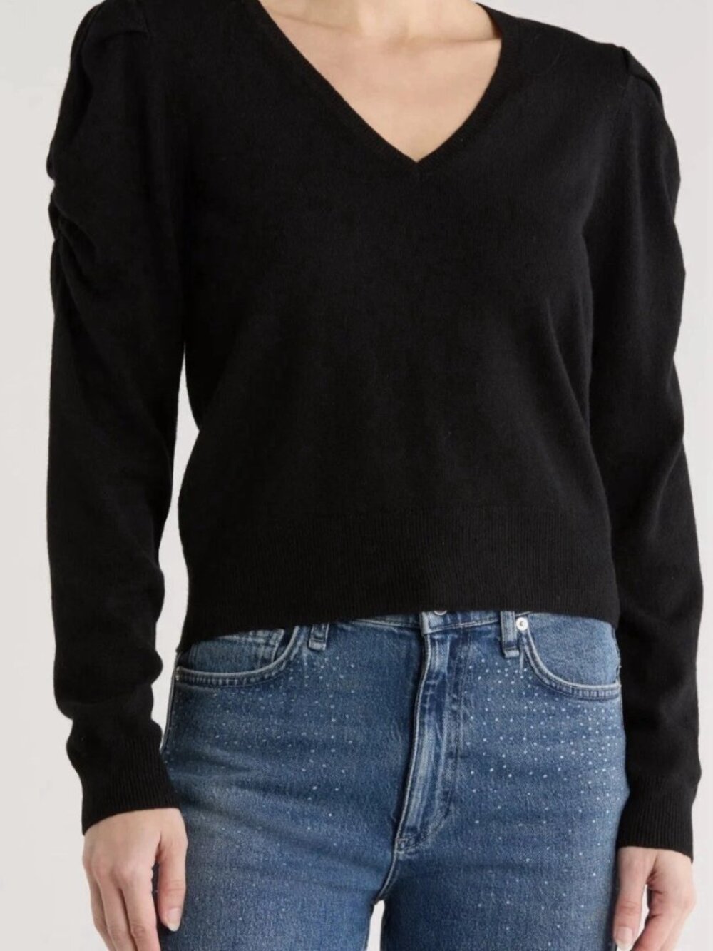 Frame Black Puff Long Sleeve V Neck 100% Cashmere Sweater